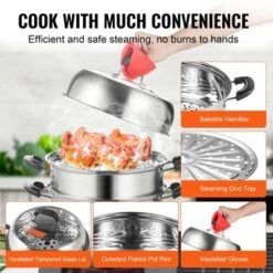 VEVOR Steamer Pot 11in/28cm, 3 Tier Steamer Pot For Cooking With 8.5QT Stock Pot, Vegetable Steamer & 2 Steaming Tray -Aesthtic Interiors GUEST b08dabeb eedc 4a46 9cad f041f869bdf6