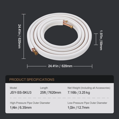 VEVOR 25FT Mini Split Line Set, 1/4" & 1/2" O.D Copper Pipes Tubing And Triple-Layer Insulation, For Mini Split Air Conditioning Refrigerant, White 7 VEVOR 25FT Mini Split Line Set, 1/4" & 1/2" O.D Copper Pipes Tubing And Triple-Layer Insulation, For Mini Split Air Conditioning Refrigerant, White - Image 7