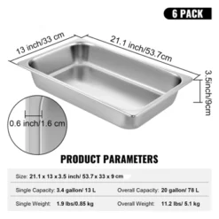 VEVOR 6 Pack Steam Table Pans 20.9 X 12.8 X 3.9 Inch Deep Steam Table Pan Full Size 13L Deep Food Container Stainless Steel Oven Tray, Silver -Aesthtic Interiors GUEST b164e0ad 9077 44ca 8ba5 49435998da3d