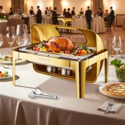VEVOR Roll Top Chafing Dish Buffet Complete Set, 9Qt Stainless Steel Chafer With Full Size Pan, Rectangle Catering Warmer Server, Gold
