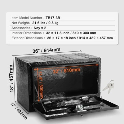 VEVOR Underbody Truck Box, 36" X 17" X 18" Pickup Storage Box, Heavy Duty Aluminum Diamond Plate Tool Box With Lock And Keys 7 VEVOR Underbody Truck Box, 36" X 17" X 18" Pickup Storage Box, Heavy Duty Aluminum Diamond Plate Tool Box With Lock And Keys - Image 7