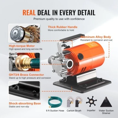 VEVOR Water Transfer Pump, 120V AC 360 GPH 1/10 HP, Portable Electric Utility Pump With 6 Ft Suction Hose Kit, Carbon Brushes, Impeller, Orange 4 VEVOR Water Transfer Pump, 120V AC 360 GPH 1/10 HP, Portable Electric Utility Pump With 6 Ft Suction Hose Kit, Carbon Brushes, Impeller, Orange - Image 4