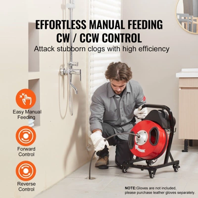 VEVOR Drain Cleaner Machine 50FT X 1/2 Inch, Manual Feed Sewer Snake Auger - With Wheels, 4 Cutters & Air-activated Foot Switch, Red 2 VEVOR Drain Cleaner Machine 50FT X 1/2 Inch, Manual Feed Sewer Snake Auger - With Wheels, 4 Cutters & Air-activated Foot Switch, Red - Image 2