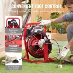 VEVOR Drain Cleaner Machine 50FT X 3/10 Inch, Auto Feed Sewer Snake Auger, Electric Drain Cleaning Machine With 4 Cutters, Red -Aesthtic Interiors GUEST b2f6791d 8b25 4fb9 b99c a6ca67b86fca