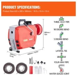 VEVOR 120FT X 7/8 Inch Drain Cleaner Machine, 420W Electric Sewer Snake Auger Manual Feed - With 6 Cutters, 2 Steel Cables, Red -Aesthtic Interiors GUEST b2fe52ae 5107 4401 95fd acc9e74ebec7