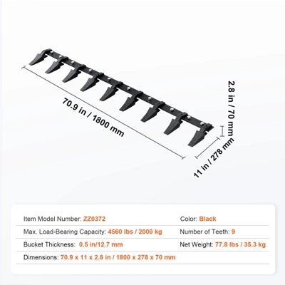 VEVOR Bucket Tooth Bar, 72'', Heavy Duty Tractor Bucket 9 Teeth Bar For Loader Tractor Skidsteer, 4560 Lbs Load-Bearing Capacity, Black 7 VEVOR Bucket Tooth Bar, 72'', Heavy Duty Tractor Bucket 9 Teeth Bar For Loader Tractor Skidsteer, 4560 Lbs Load-Bearing Capacity, Black - Image 7