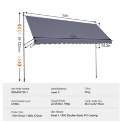 VEVOR 178 X 47" Patio Awning Retractable, Awning Sunshade Shelter With Manual Crank Handle, Adjustable Height From 86 To 122 In, Dark Gray -Aesthtic Interiors GUEST b4df9911 9681 4a0d a66e ff6ae9bda509