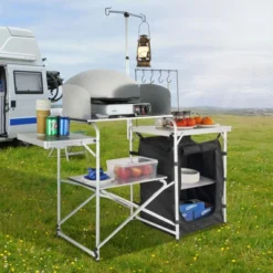 VEVOR Camping Kitchen Table, Folding Outdoor Cooking Table With Storage Carrying Bag, Aluminum Cook Station 1 Cupboard & Detachable Windscreen