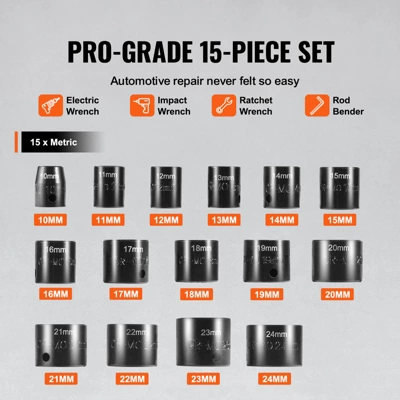 VEVOR Drive Impact Socket Set 3/8" - 15 Piece Ultra-Short Socket Set Metric 10-24mm - 6 Point Cr-Mo Alloy Steel For Auto Repair,BLACK 3 VEVOR Drive Impact Socket Set 3/8" - 15 Piece Ultra-Short Socket Set Metric 10-24mm - 6 Point Cr-Mo Alloy Steel For Auto Repair,BLACK - Image 3