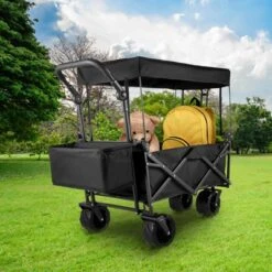 VEVOR Extra Large Collapsible Garden Cart With Removable Canopy, Folding Wagon Utility Carts With Wheels And Rear Storage, Wagon Cart, Black