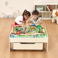 VEVOR Train Table, 100 Multicolor Pieces Wooden Kids Activity Table With Rolling Drawer, 3-in-1 Wooden Train Set For Kids Ages 3+, Multicolor
