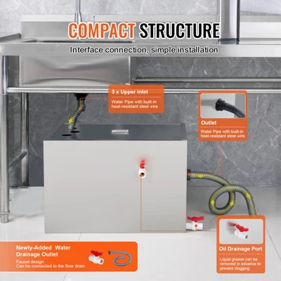 VEVOR Commercial Grease Trap, 40 LBS Grease Interceptor, Top Inlet Interceptor, Stainless Steel Grease Trap, 10 GPM Waste Water Oil-water Separator 5 VEVOR Commercial Grease Trap, 40 LBS Grease Interceptor, Top Inlet Interceptor, Stainless Steel Grease Trap, 10 GPM Waste Water Oil-water Separator - Image 5
