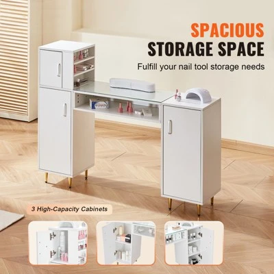 VEVOR Manicure Table, Glass Top Nail Desk, Makeup Dressing Nail Station With Storage Cabinets, Acetone-Resistant Nail Tech Table 2 VEVOR Manicure Table, Glass Top Nail Desk, Makeup Dressing Nail Station With Storage Cabinets, Acetone-Resistant Nail Tech Table - Image 2