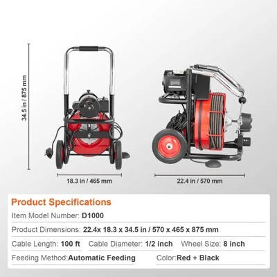 VEVOR Drain Cleaner Machine 100FT X 1/2 Inch, Auto Feed Sewer Snake Auger On Wheels, 550W Portable Drain Cleaning Machine With 8 Cutters, Black 7 VEVOR Drain Cleaner Machine 100FT X 1/2 Inch, Auto Feed Sewer Snake Auger On Wheels, 550W Portable Drain Cleaning Machine With 8 Cutters, Black - Image 7