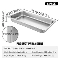 VEVOR 6 Pack Steam Table Pans 20.9 X 12.8 X 2.6 Inch Deep Steam Table Pan Full Size 8.5L Deep Food Container Stainless Steel Oven Tray, Silver -Aesthtic Interiors GUEST b8a5b9bb ba97 4f9f 9524 9ed7a4847f2f