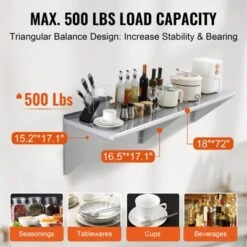 VEVOR 18" X 72" Stainless Steel Shelf, Wall Mounted Floating Shelving With Brackets, 500 Lbs Load Capacity Commercial Shelves -Aesthtic Interiors GUEST b8c4d508 7241 44d8 a25e d5cf4f88b760