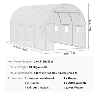 VEVOR Walk-in Tunnel Greenhouse, 14.6x6.4x6.3 Ft Hoop House Greenhouse Tunnel With Galvanized Steel Frame, White PE Cover, 8 Windows 7 VEVOR Walk-in Tunnel Greenhouse, 14.6x6.4x6.3 Ft Hoop House Greenhouse Tunnel With Galvanized Steel Frame, White PE Cover, 8 Windows - Image 7