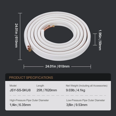 VEVOR 25FT Mini Split Line Set,1/4" & 3/8" O.D Copper Pipes Tubing And Triple-Layer Insulation,for Air Conditioning Or Heating Pump Equipment, White 7 VEVOR 25FT Mini Split Line Set,1/4" & 3/8" O.D Copper Pipes Tubing And Triple-Layer Insulation,for Air Conditioning Or Heating Pump Equipment, White - Image 7