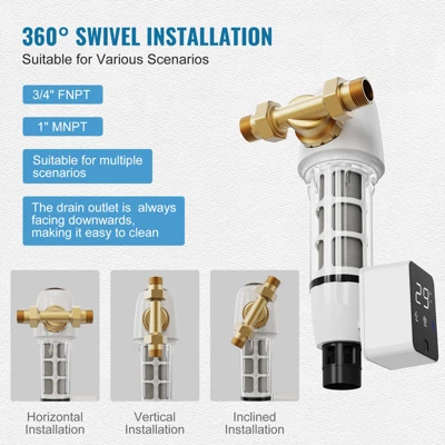 VEVOR Spin Down Filter, 40 Micron Whole House Sediment Filter For Well Water, 1" MNPT + 3/4" FNPT, 8 T/H High Flow Rate, White 6 VEVOR Spin Down Filter, 40 Micron Whole House Sediment Filter For Well Water, 1" MNPT + 3/4" FNPT, 8 T/H High Flow Rate, White - Image 6