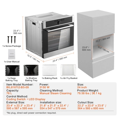 VEVOR Single Wall Oven, 24" Electric Built-in Wall Oven With 16 Cooking Functions, 2.68 Cu.Ft Electric Wall Ovens With Timer, 3150W Electric Oven 7 VEVOR Single Wall Oven, 24" Electric Built-in Wall Oven With 16 Cooking Functions, 2.68 Cu.Ft Electric Wall Ovens With Timer, 3150W Electric Oven - Image 7