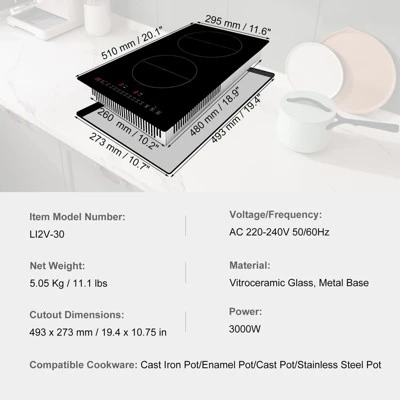 VEVOR Electric Cooktop, 2 Burners, 12'' Induction Stove Top, Built-in Magnetic Cooktop 3000W, 9 Heating Level Multifunctional Burner 7 VEVOR Electric Cooktop, 2 Burners, 12'' Induction Stove Top, Built-in Magnetic Cooktop 3000W, 9 Heating Level Multifunctional Burner - Image 7
