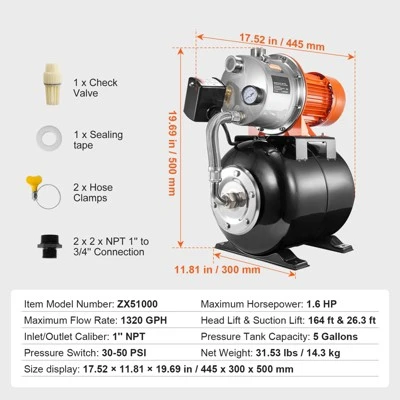 VEVOR 1.6 HP Shallow Well Pump With Pressure Tank, 1320 GPH, Automatic Irrigation Water Booster Pump With 30/50 PSI Pressure Switch, Black 7 VEVOR 1.6 HP Shallow Well Pump With Pressure Tank, 1320 GPH, Automatic Irrigation Water Booster Pump With 30/50 PSI Pressure Switch, Black - Image 7
