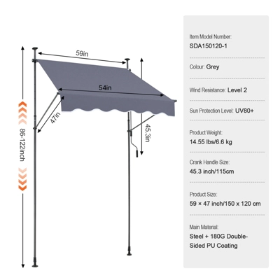 VEVOR 59 X 47" Patio Awning Retractable, Awning Sunshade Shelter With Manual Crank Handle, Adjustable Height From 86 To 122 In, Dark Gray 2 VEVOR 59 X 47" Patio Awning Retractable, Awning Sunshade Shelter With Manual Crank Handle, Adjustable Height From 86 To 122 In, Dark Gray - Image 2