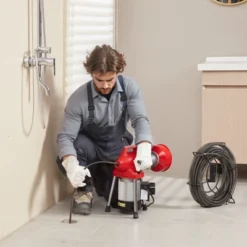 VEVOR Drain Cleaner Machine 66FT X 5/8 Inch, 250W Electric Sewer Snake Auger Manual Feed - With 2 Sectional Steel Cables, Red