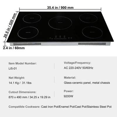 VEVOR Electric Cooktop, 5 Burners, 36'' Induction Stove Top, Built-in Magnetic Cooktop 9200W, 9 Heating Level Multifunctional Burner 7 VEVOR Electric Cooktop, 5 Burners, 36'' Induction Stove Top, Built-in Magnetic Cooktop 9200W, 9 Heating Level Multifunctional Burner - Image 7