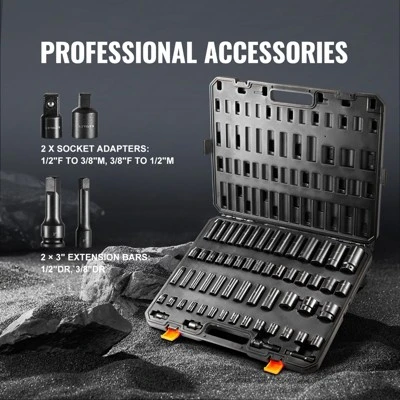 VEVOR 3/8" & 1/2" Drive Impact Socket Set, 59PCS Socket Set SAE 5/16" To 1-1/4" And Metric 6-32mm, 6 Point Cr-Mo Alloy Steel For Auto Repair,BLACK 2 VEVOR 3/8" & 1/2" Drive Impact Socket Set, 59PCS Socket Set SAE 5/16" To 1-1/4" And Metric 6-32mm, 6 Point Cr-Mo Alloy Steel For Auto Repair,BLACK - Image 2