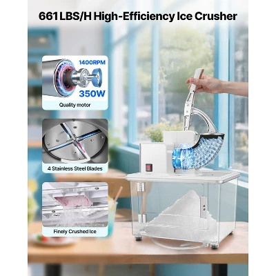 VEVOR Commercial Ice Crusher 661LBS/H, 350W Electric Snow Cone Machine With 4 Blades, 1400RPM Stainless Steel Shaved Ice Machine, White 2 VEVOR Commercial Ice Crusher 661LBS/H, 350W Electric Snow Cone Machine With 4 Blades, 1400RPM Stainless Steel Shaved Ice Machine, White - Image 2