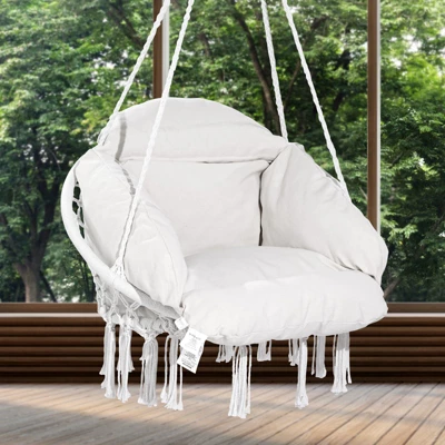 VEVOR Hanging Hammock Swing Chair, Macramé Hanging Chair With Cushion And Mounting Hardware, Cotton Rope Swing Chair, 264 Lbs Capacity, White 1 VEVOR Hanging Hammock Swing Chair, Macramé Hanging Chair With Cushion And Mounting Hardware, Cotton Rope Swing Chair, 264 Lbs Capacity, White
