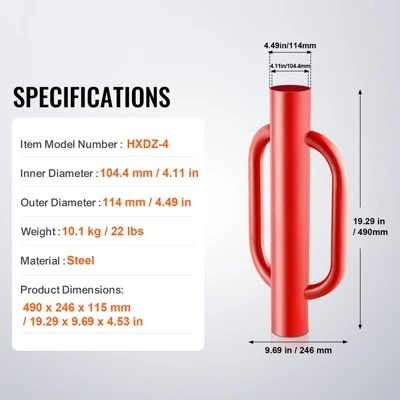 VEVOR Fence Post Driver With Handles, 4.11 In Inner Diameter T Post Pole Pounder, 22LB Heavy Duty Carbon Steel Hand Post Rammer, Red 7 VEVOR Fence Post Driver With Handles, 4.11 In Inner Diameter T Post Pole Pounder, 22LB Heavy Duty Carbon Steel Hand Post Rammer, Red - Image 7