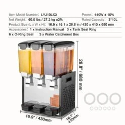 VEVOR Commercial Beverage Dispenser, 3 Tanks 10 L / 10.6 QT Per Tank, 440W Stainless Steel Drink Machine With 45°F-54°F Cooling Temperature -Aesthtic Interiors GUEST c217ec52 051c 4c25 a217 c4fe2085cff7