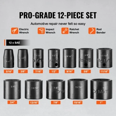 VEVOR 3/8" Drive Impact Socket Set, 12 Piece Shallow Socket Set SAE 5/16"-1", 6 Point Cr-Mo Alloy Steel For Auto Repair,BLACK 3 VEVOR 3/8" Drive Impact Socket Set, 12 Piece Shallow Socket Set SAE 5/16"-1", 6 Point Cr-Mo Alloy Steel For Auto Repair,BLACK - Image 3