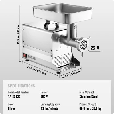 VEVOR Meat Grinder, 13 Lbs/Min Capacity Electric Meat Grinders With Blade, Grinding Plate, Sausage Maker, Stainless Steel Commercial Meat Mincer 7 VEVOR Meat Grinder, 13 Lbs/Min Capacity Electric Meat Grinders With Blade, Grinding Plate, Sausage Maker, Stainless Steel Commercial Meat Mincer - Image 7