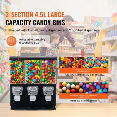 VEVOR Commercial Vending Machine, Triple Compartment Candy Dispenser With Iron Stand, Gumball And Candy Machine For Business, Black 2 VEVOR Commercial Vending Machine, Triple Compartment Candy Dispenser With Iron Stand, Gumball And Candy Machine For Business, Black - Image 2