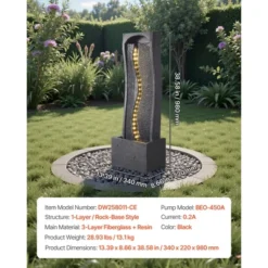 VEVOR Outdoor Water Fountain, 38.58 In Height Fountain And Waterfall,1-Tier Floor Standing Rock Base Style Fountains With With Light And Pump, Black -Aesthtic Interiors GUEST c3e9ada8 a380 41f1 bbb3 789060011bc5