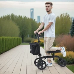 VEVOR Folding Knee Scooter, Carbon Steel Steerable Knee Walker With Height-Adjustable Handlebar & Knee Pad, All-Terrain Solid Wheels, Dual Brakes