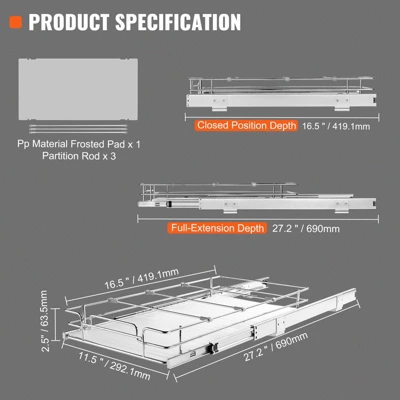 VEVOR 12"W X 17"D Pull Out Cabinet Organizer, Heavy Duty Slide Out Pantry Shelves, Chrome-Plated Steel Roll Out Drawers, Sliding Drawer Storage 7 VEVOR 12"W X 17"D Pull Out Cabinet Organizer, Heavy Duty Slide Out Pantry Shelves, Chrome-Plated Steel Roll Out Drawers, Sliding Drawer Storage - Image 7
