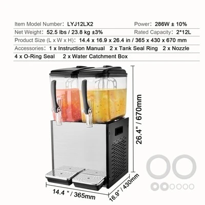VEVOR Commercial Beverage Dispenser, 2 Tanks 12 L / 12.7 QT Per Tank Juice Dispenser, 286W Stainless Steel Ice Tea Drink Machine 7 VEVOR Commercial Beverage Dispenser, 2 Tanks 12 L / 12.7 QT Per Tank Juice Dispenser, 286W Stainless Steel Ice Tea Drink Machine - Image 7