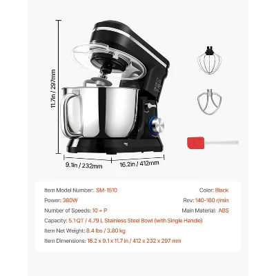 VEVOR Stand Mixer, 5QT Dough Mixer, 10+P Speeds Tilt-head Food Mixer, Kitchen Mixer With Stainless Steel Bowl, Dough Hook, Wire Whip, Black 7 VEVOR Stand Mixer, 5QT Dough Mixer, 10+P Speeds Tilt-head Food Mixer, Kitchen Mixer With Stainless Steel Bowl, Dough Hook, Wire Whip, Black - Image 7