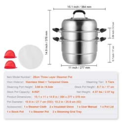 VEVOR Steamer Pot 11in/28cm, 3 Tier Steamer Pot For Cooking With 8.5QT Stock Pot, Vegetable Steamer & 2 Steaming Tray -Aesthtic Interiors GUEST c70ef38d 565c 464a afb6 5fdfc51232b1