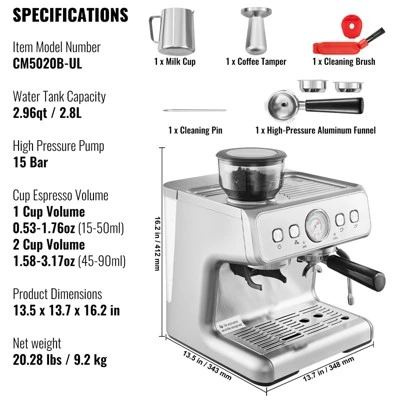 VEVOR Espresso Machine With Grinder, 15 Bar Semi-Automatic Espresso Coffee Maker With Milk Frother Steam Wand, Removable Water Tank & Pressure Gauge 7 VEVOR Espresso Machine With Grinder, 15 Bar Semi-Automatic Espresso Coffee Maker With Milk Frother Steam Wand, Removable Water Tank & Pressure Gauge - Image 7
