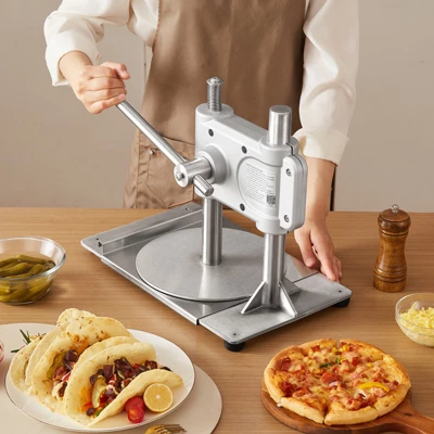 VEVOR Manual Pizza Dough Press Machine, 9.5 Inch Pizza Pastry Press Plate, Stainless Steel Bread Presser With 100 Pcs Parchment Paper, Silver 1 VEVOR Manual Pizza Dough Press Machine, 9.5 Inch Pizza Pastry Press Plate, Stainless Steel Bread Presser With 100 Pcs Parchment Paper, Silver