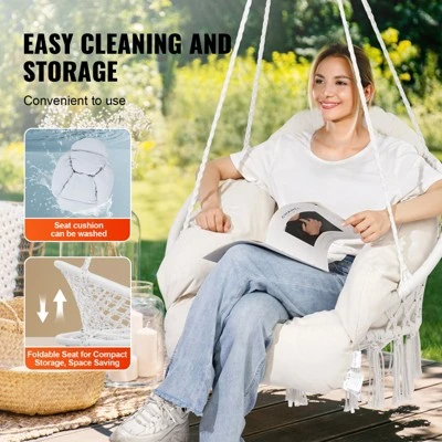 VEVOR Hanging Hammock Swing Chair, Macramé Hanging Chair With Cushion And Mounting Hardware, Cotton Rope Swing Chair, 264 Lbs Capacity, White 6 VEVOR Hanging Hammock Swing Chair, Macramé Hanging Chair With Cushion And Mounting Hardware, Cotton Rope Swing Chair, 264 Lbs Capacity, White - Image 6