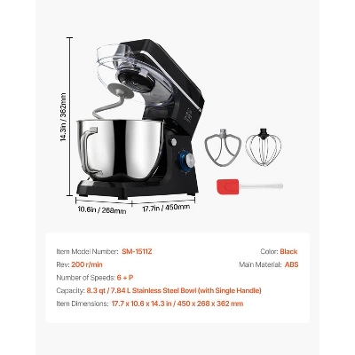 VEVOR Stand Mixer, 8.3QT Dough Mixer, 660W 6+P Speeds Tilt-head Food Mixer With Stainless Steel Bowl, Dough Hook, Wire Whip, Flat Beater, Black 7 VEVOR Stand Mixer, 8.3QT Dough Mixer, 660W 6+P Speeds Tilt-head Food Mixer With Stainless Steel Bowl, Dough Hook, Wire Whip, Flat Beater, Black - Image 7