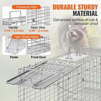 VEVOR Live Animal Cage Trap, 31" X 10" X 12" Humane Cat Trap Galvanized Iron, Folding Animal Trap With Handle For Rabbits, Stray Cats, Squirrels 4 VEVOR Live Animal Cage Trap, 31" X 10" X 12" Humane Cat Trap Galvanized Iron, Folding Animal Trap With Handle For Rabbits, Stray Cats, Squirrels - Image 4