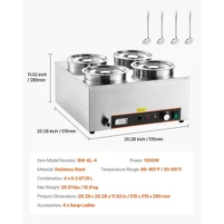 VEVOR Electric Soup Warmer, Four 6.34QT Stainless Steel Round Pot With 86~185°F Adjustable Temp, 1500W Commercial Bain Marie, Silver -Aesthtic Interiors GUEST cb5a9780 381a 409d b983 d94ff87f270c