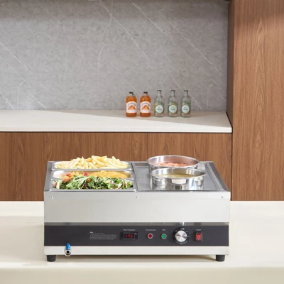 VEVOR Electric Soup Warmer, Two 6.34QT Pots & Three 1/3 Pans, Stainless Steel Food Warmer With 86~185°F Adjustable Temp, 1500W Bain Marie, Silver 1 VEVOR Electric Soup Warmer, Two 6.34QT Pots & Three 1/3 Pans, Stainless Steel Food Warmer With 86~185°F Adjustable Temp, 1500W Bain Marie, Silver